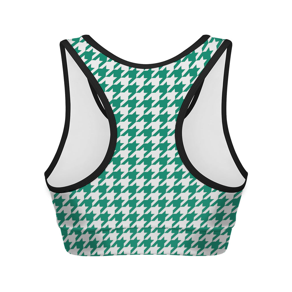 Jungle Green And White Houndstooth Print Women's Sports Bra