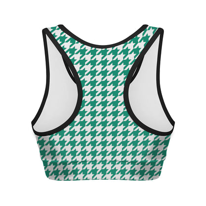 Jungle Green And White Houndstooth Print Women's Sports Bra