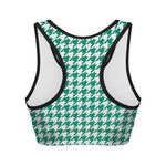 Jungle Green And White Houndstooth Print Women's Sports Bra