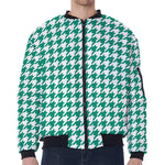 Jungle Green And White Houndstooth Print Zip Sleeve Bomber Jacket