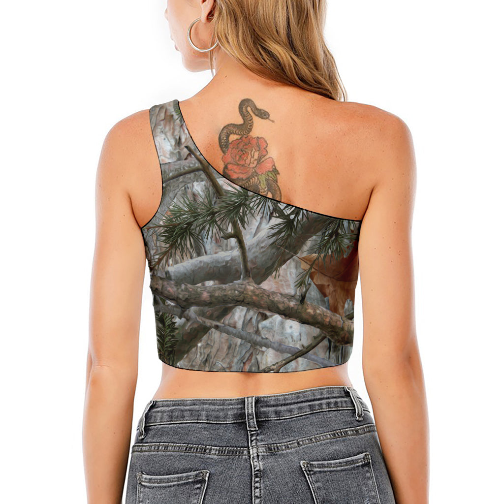 Jungle Hunting Camouflage Print One Shoulder Crop Top