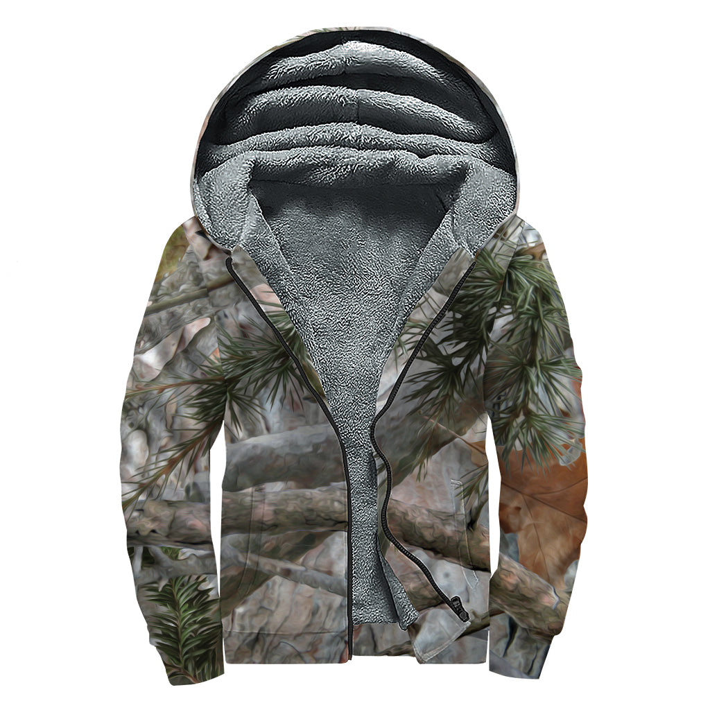 Jungle Hunting Camouflage Print Sherpa Lined Zip Up Hoodie