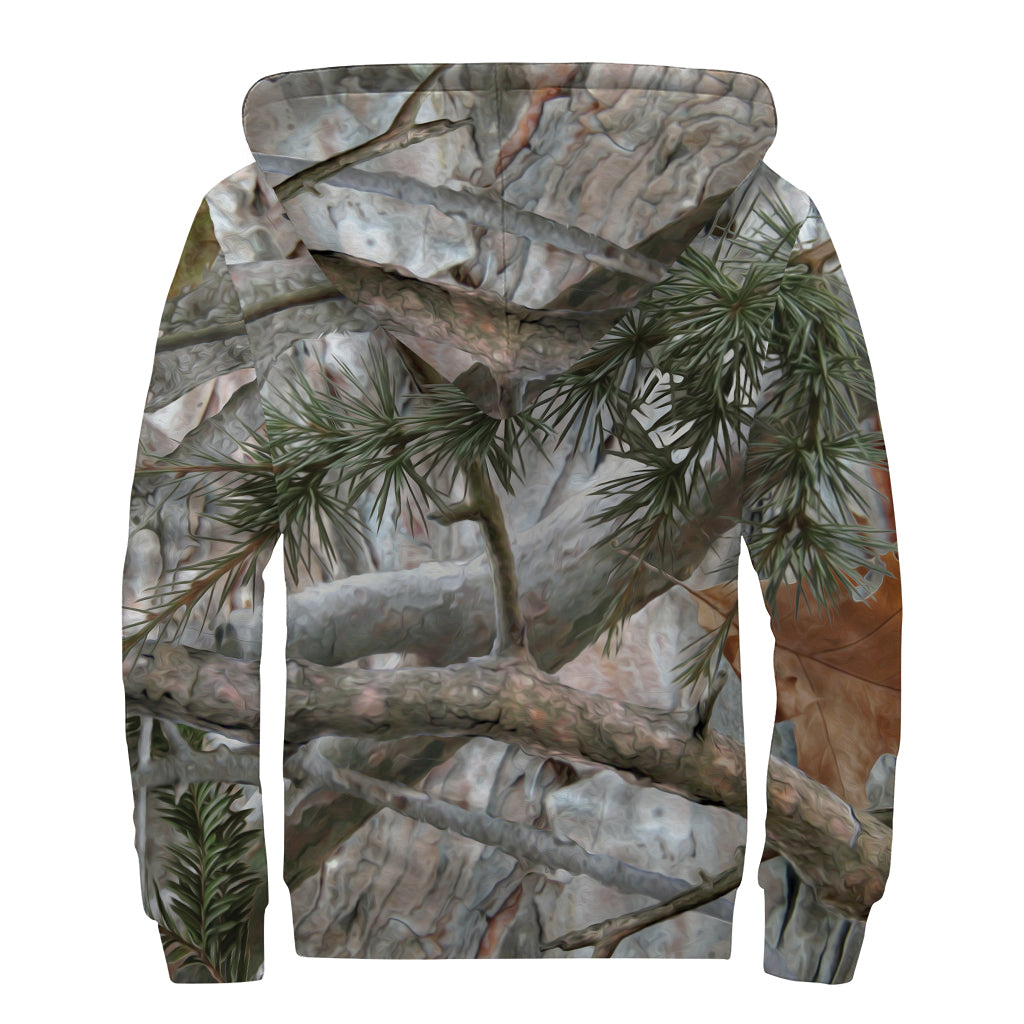 Jungle Hunting Camouflage Print Sherpa Lined Zip Up Hoodie