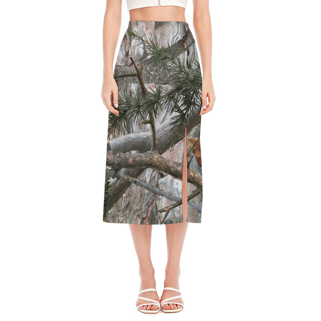 Jungle Hunting Camouflage Print Side Slit Midi Skirt