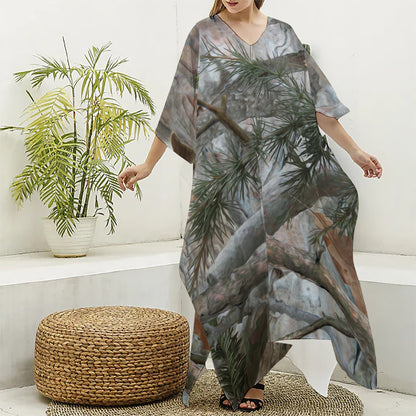 Jungle Hunting Camouflage Print Silk V-Neck Kaftan Dress