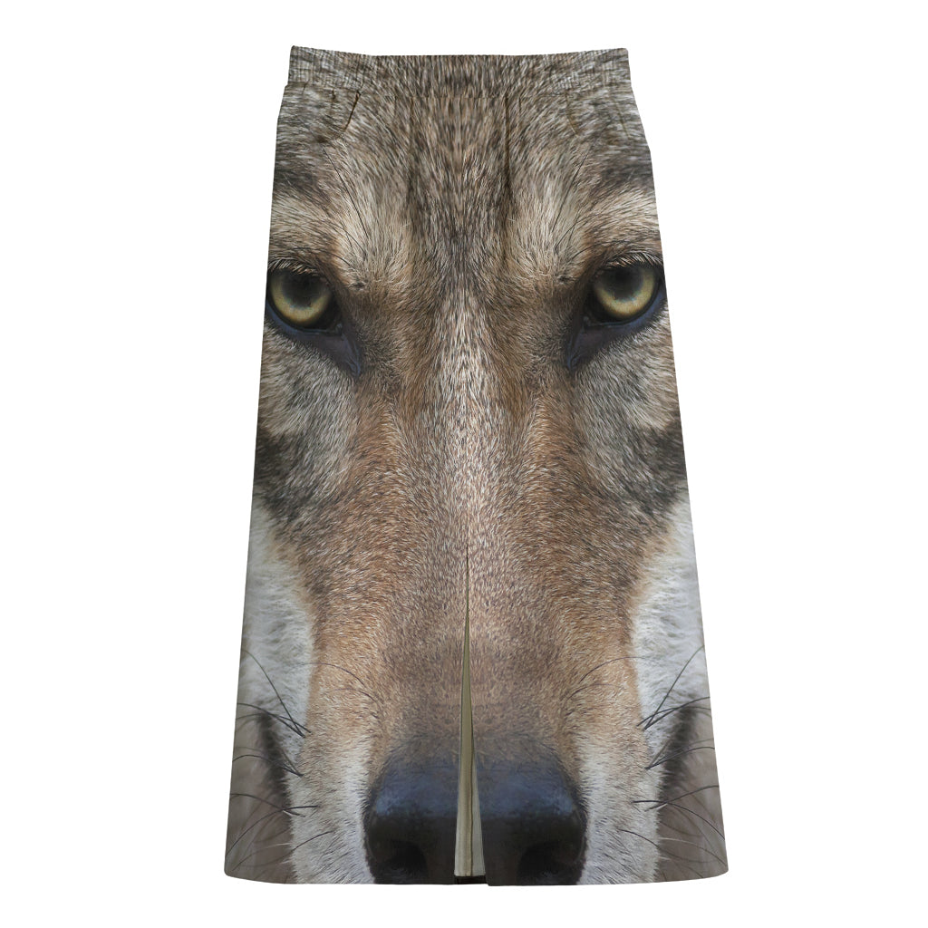 Jungle Wolf Print Cotton Front Slit Maxi Skirt