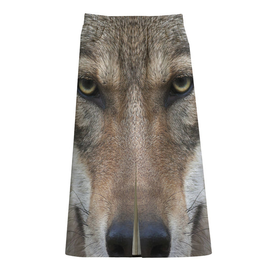 Jungle Wolf Print Cotton Front Slit Maxi Skirt