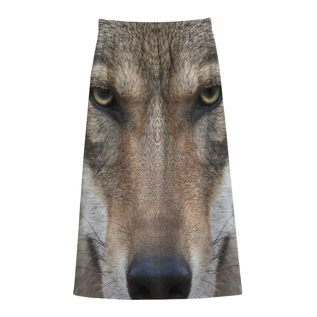Jungle Wolf Print Cotton Front Slit Maxi Skirt