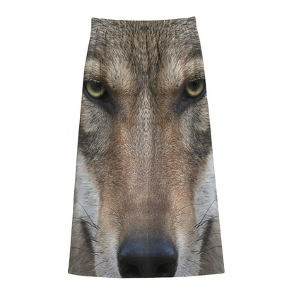 Jungle Wolf Print Cotton Front Slit Maxi Skirt