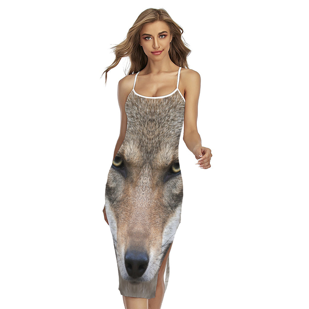 Jungle Wolf Print Cross Back Cami Dress