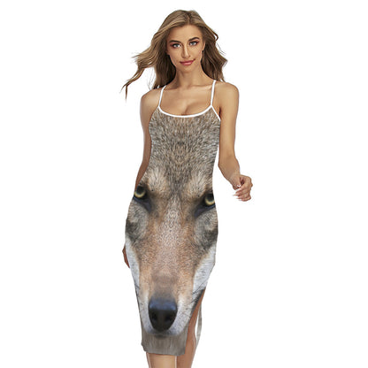 Jungle Wolf Print Cross Back Cami Dress