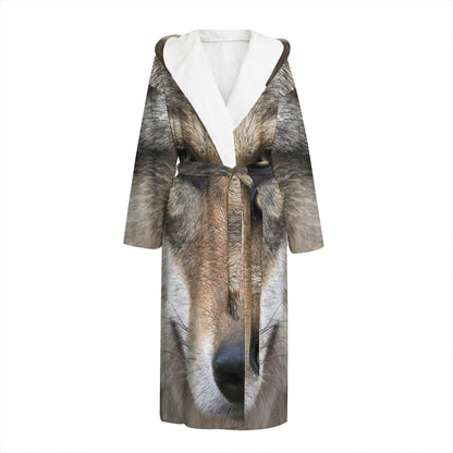 Jungle Wolf Print Hooded Bathrobe