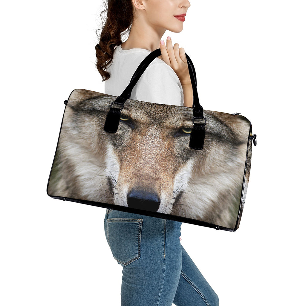 Jungle Wolf Print Leather Duffle Bag
