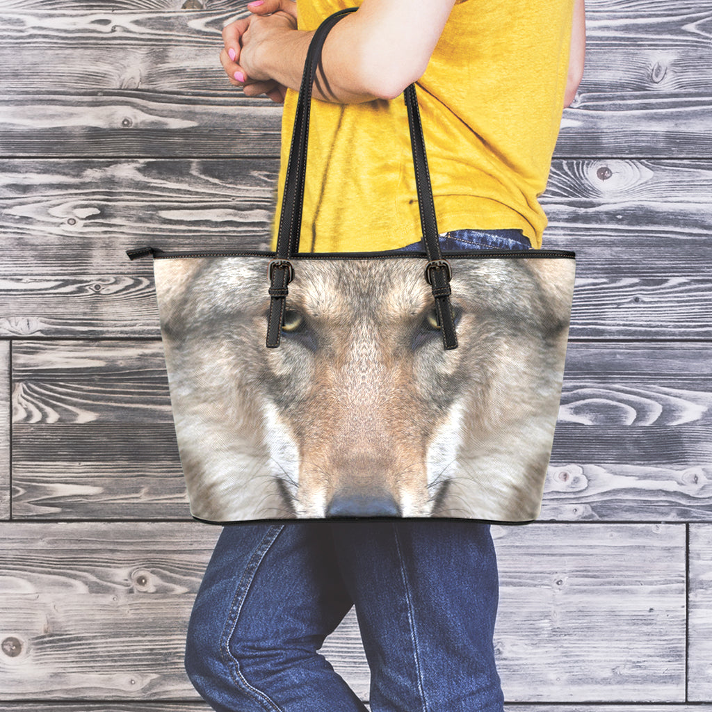 Jungle Wolf Print Leather Tote Bag