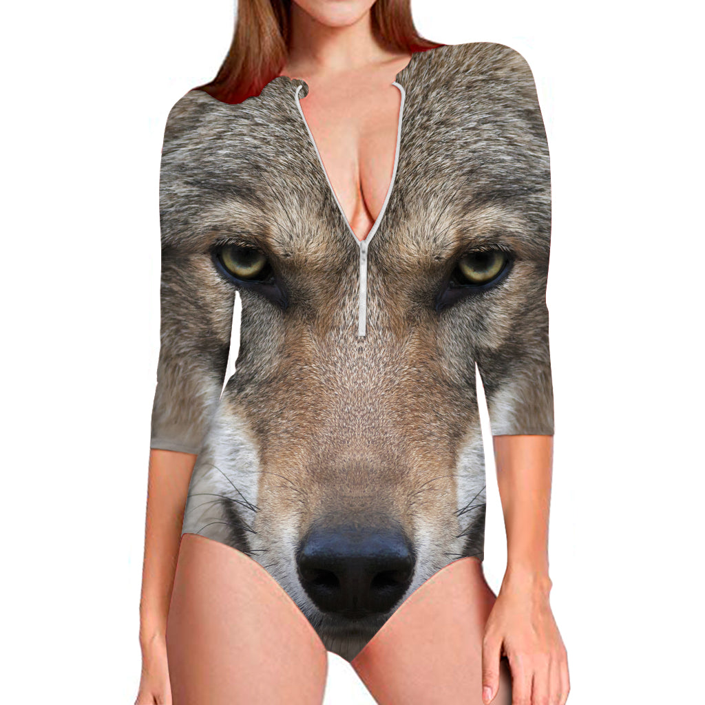 Jungle Wolf Print Long Sleeve Swimsuit