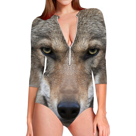 Jungle Wolf Print Long Sleeve Swimsuit