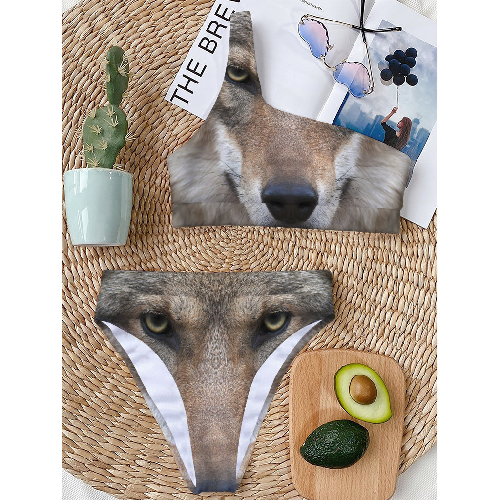 Jungle Wolf Print One Shoulder Bikini Top