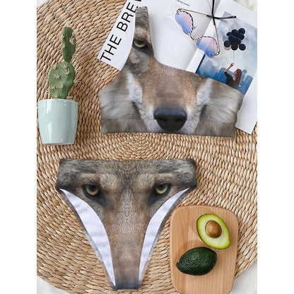 Jungle Wolf Print One Shoulder Bikini Top