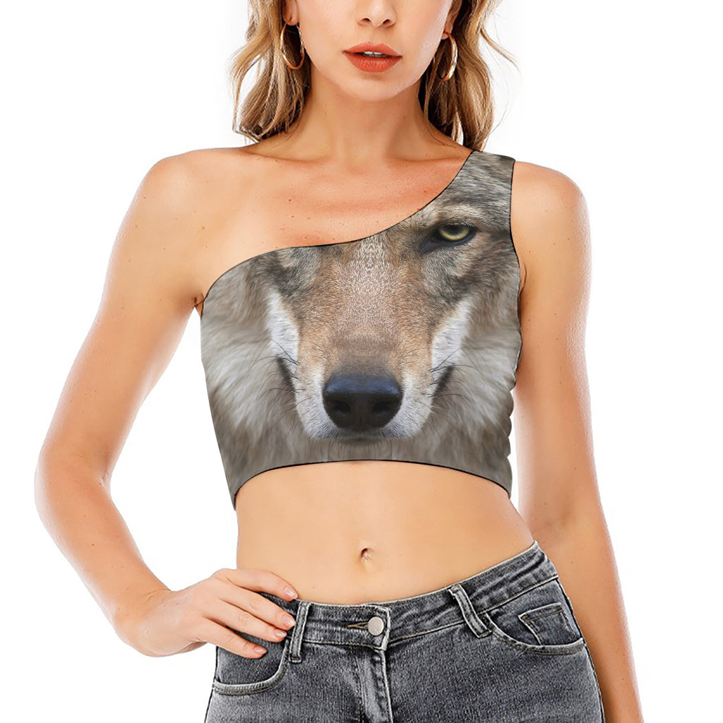 Jungle Wolf Print One Shoulder Crop Top