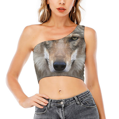 Jungle Wolf Print One Shoulder Crop Top