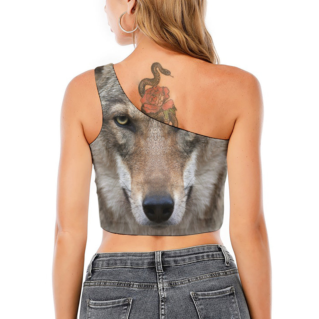 Jungle Wolf Print One Shoulder Crop Top