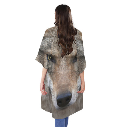 Jungle Wolf Print Open Front Beach Cover Up