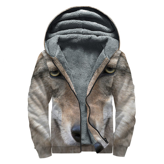Jungle Wolf Print Sherpa Lined Zip Up Hoodie