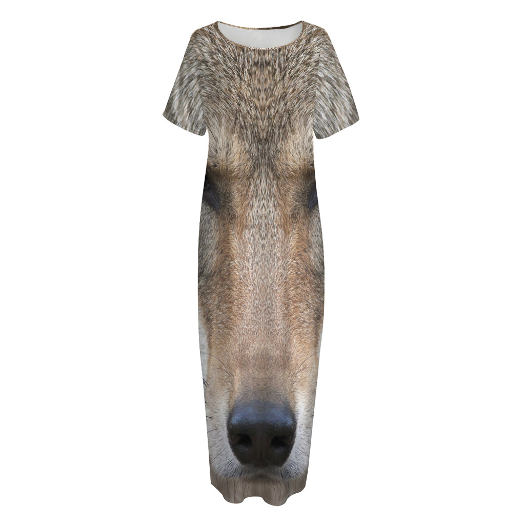 Jungle Wolf Print Short Sleeve Long Nightdress