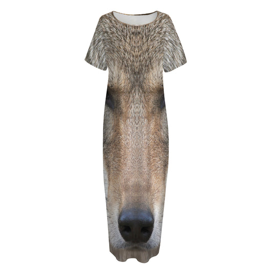 Jungle Wolf Print Short Sleeve Long Nightdress