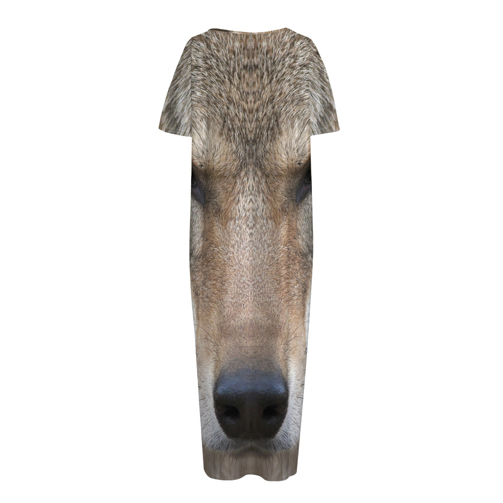 Jungle Wolf Print Short Sleeve Long Nightdress