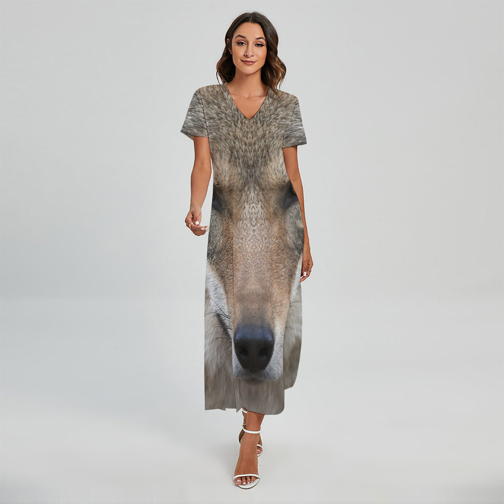 Jungle Wolf Print Short Sleeve Maxi Dress