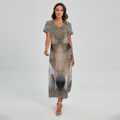 Jungle Wolf Print Short Sleeve Maxi Dress