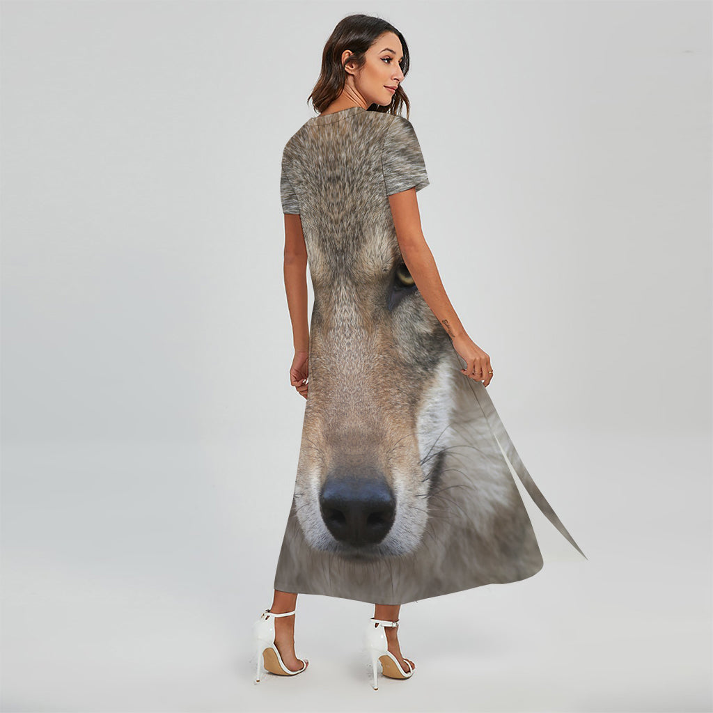 Jungle Wolf Print Short Sleeve Maxi Dress