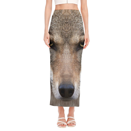 Jungle Wolf Print Side Slit Maxi Skirt