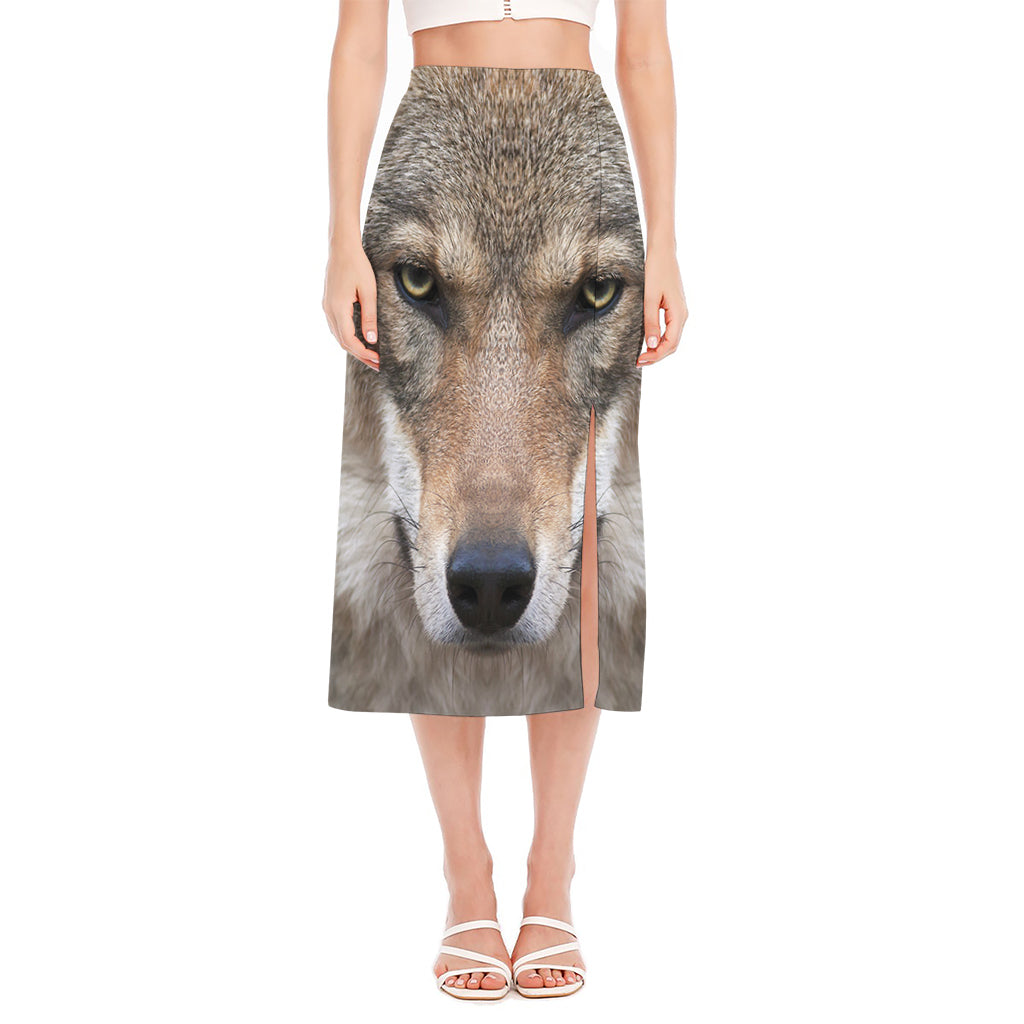 Jungle Wolf Print Side Slit Midi Skirt