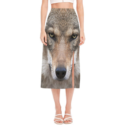 Jungle Wolf Print Side Slit Midi Skirt