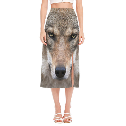 Jungle Wolf Print Side Slit Midi Skirt