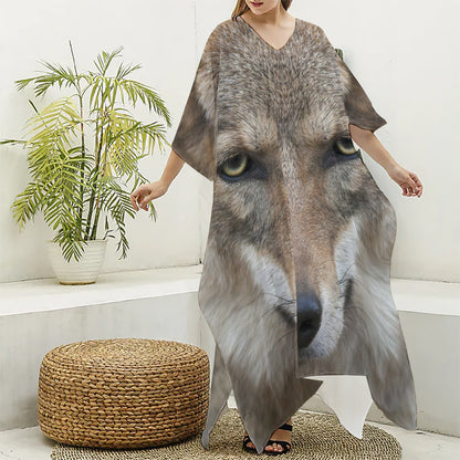 Jungle Wolf Print Silk V-Neck Kaftan Dress