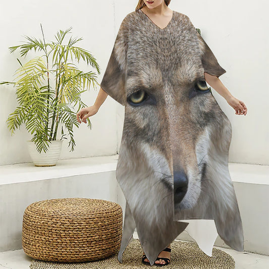 Jungle Wolf Print Silk V-Neck Kaftan Dress