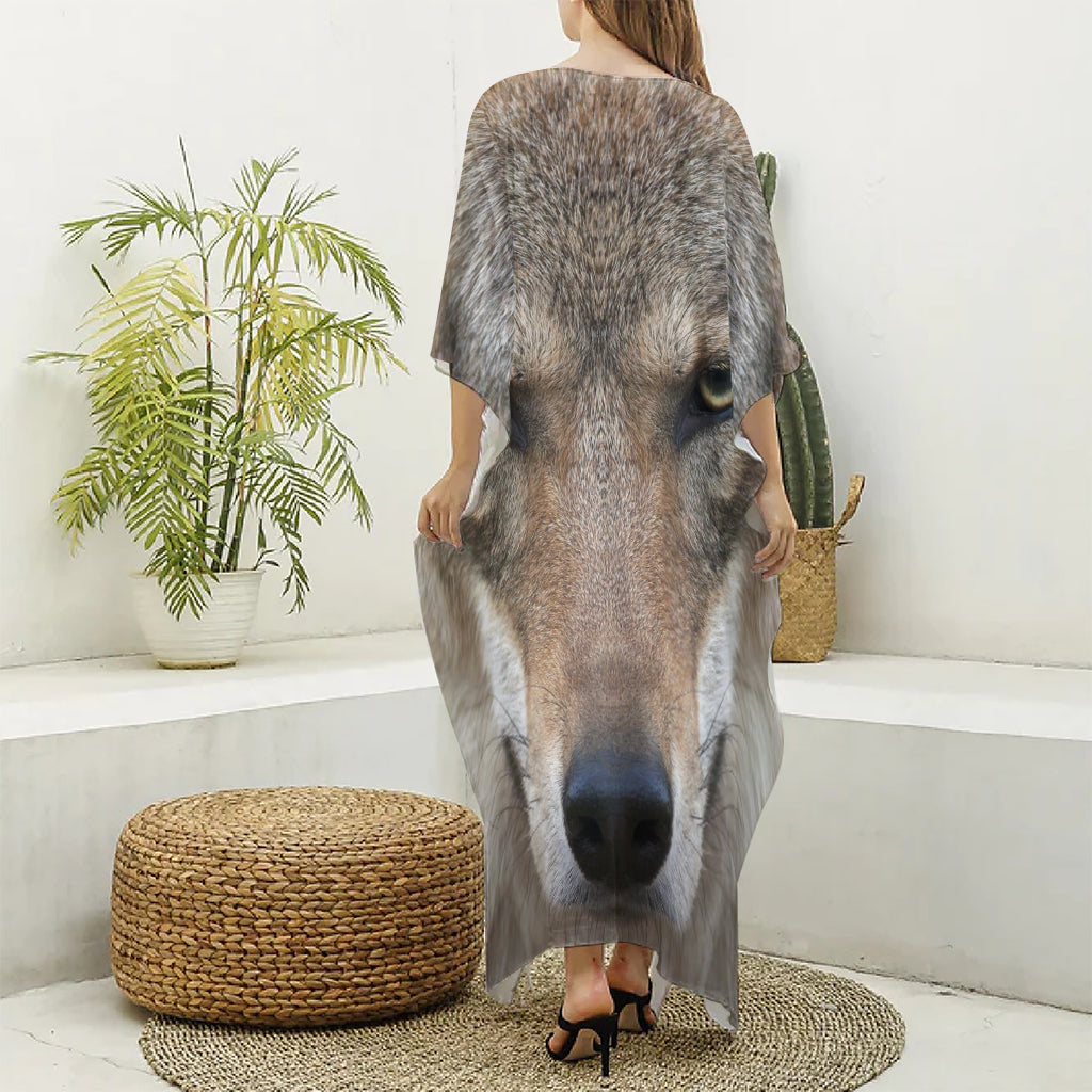 Jungle Wolf Print Silk V-Neck Kaftan Dress