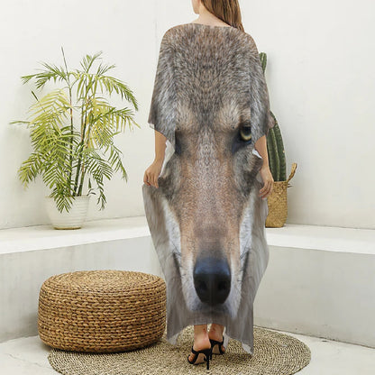 Jungle Wolf Print Silk V-Neck Kaftan Dress