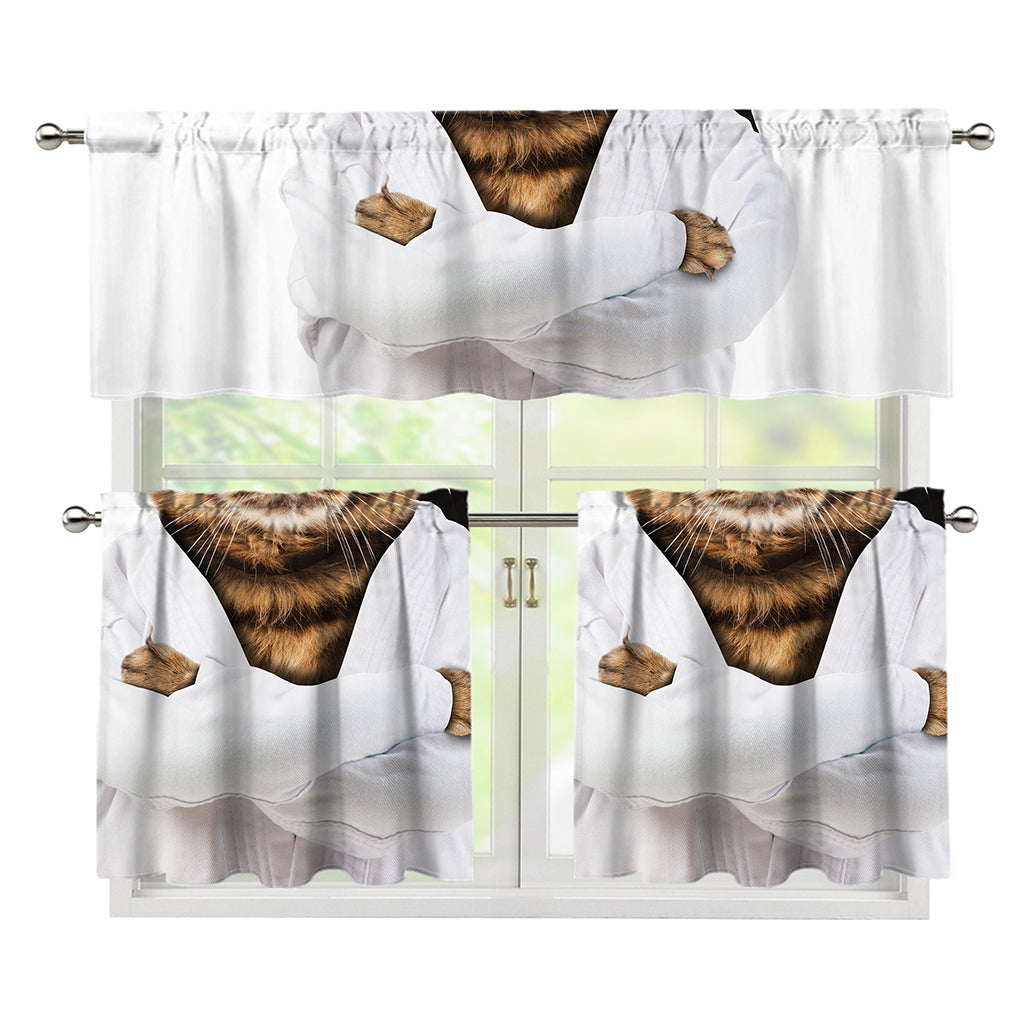 Karate Cat Print 3 Piece Kitchen Curtains