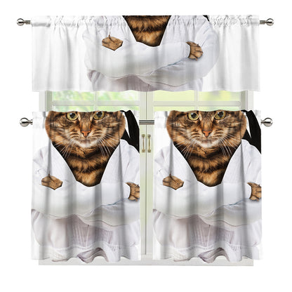 Karate Cat Print 3 Piece Kitchen Curtains