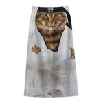 Karate Cat Print Cotton Front Slit Maxi Skirt