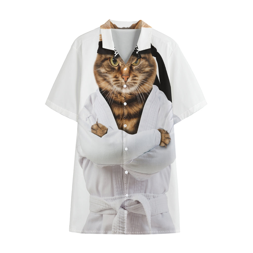 Karate Cat Print Cotton Hawaiian Shirt