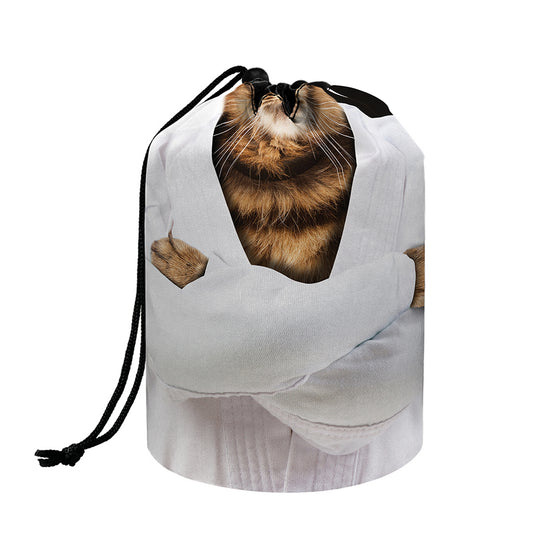 Karate Cat Print Drawstring Makeup Bag
