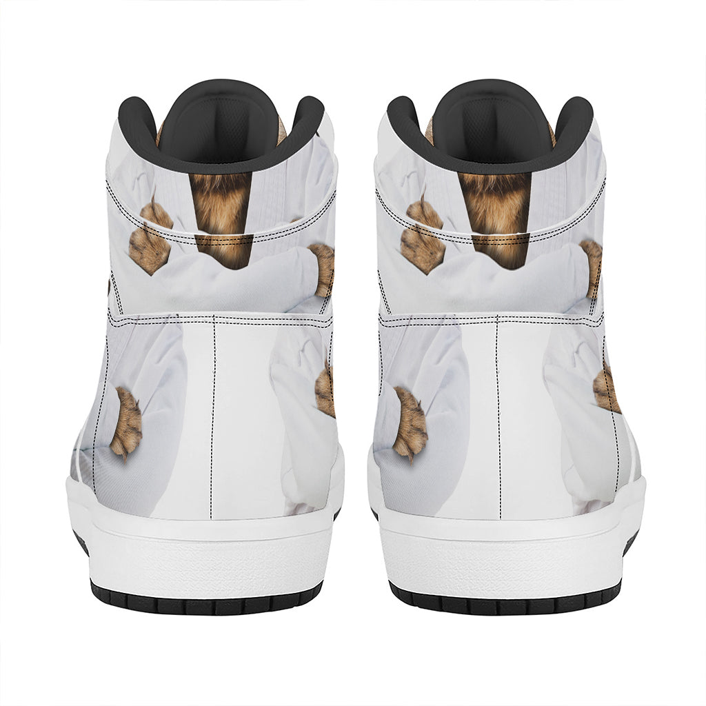 Karate Cat Print High Top Leather Sneakers