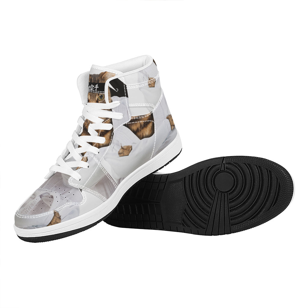 Karate Cat Print High Top Leather Sneakers