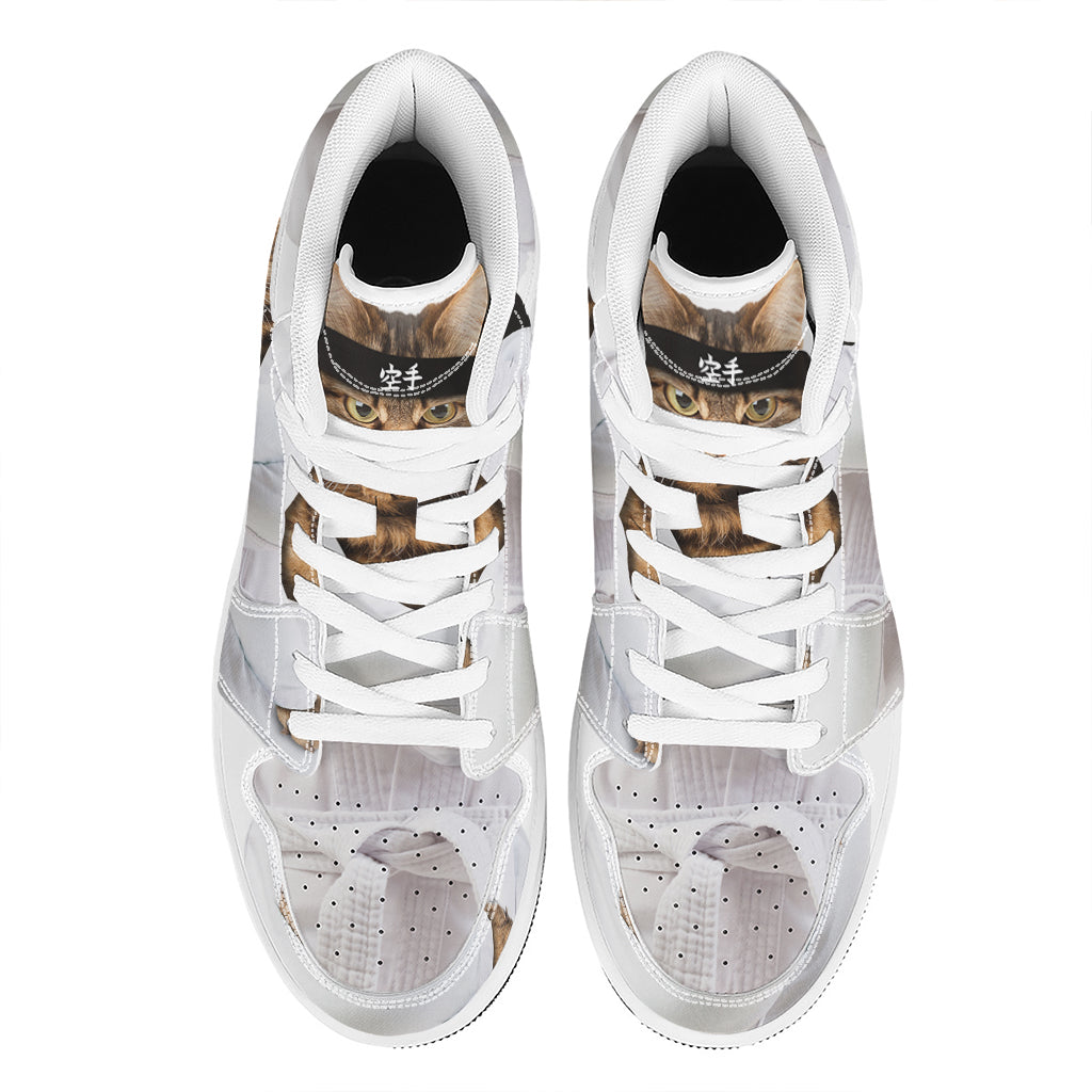 Karate Cat Print High Top Leather Sneakers