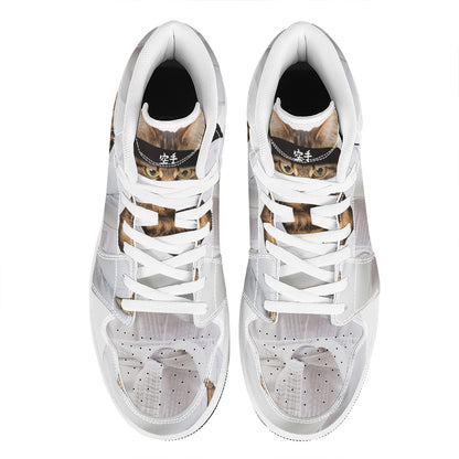 Karate Cat Print High Top Leather Sneakers